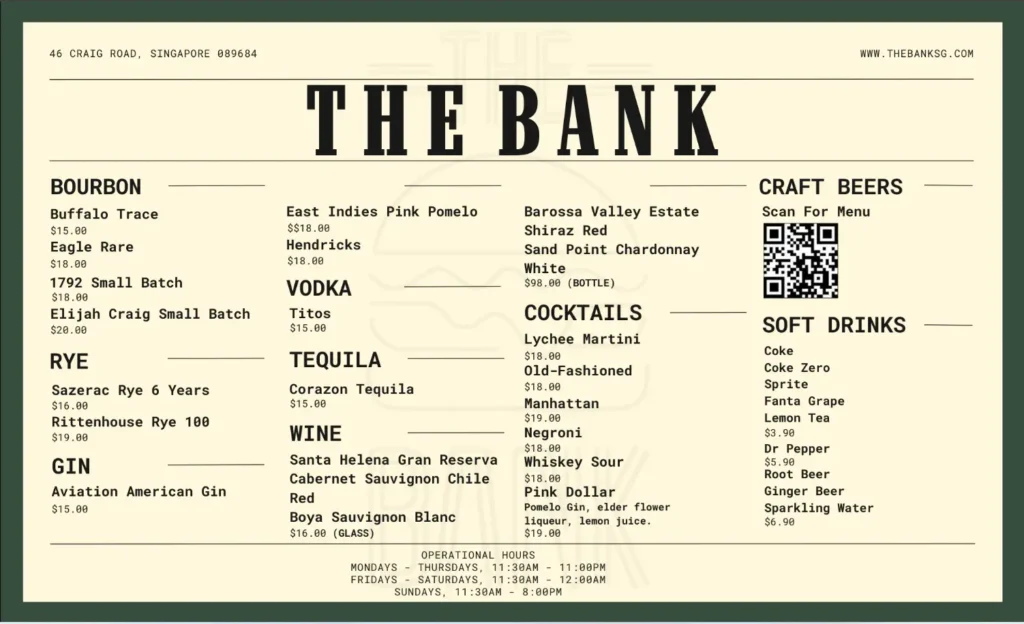 The Bank Singapore Menu