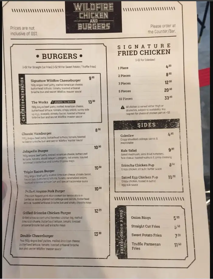 Wildfire Burgers Menu 